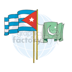 The image depicts two stylized flags in front of a simplified globe. On the left is the flag of Cuba, recognizable by its five blue and white stripes and a red triangle with a white star. On the right is the flag of Pakistan, characterized by its green background and white crescent moon and star, with a white vertical stripe at the hoist.