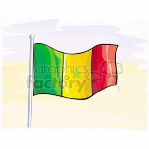 The clipart image depicts the flag of Senegal. It shows three vertical bands of color in green, yellow, and red with a green star in the center of the yellow band. The flag is illustrated on a flagpole and is set against a stylized background that might suggest a sky with clouds.