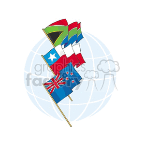 The clipart image shows a collection of three international flags superimposed on a simplified representation of the globe. The flags represented from top to bottom are South Africa, with its distinctive multicolor design featuring green, black, gold, red, white, and blue; Chile, with its white, blue, and red stripes and a single white star on a blue square; and New Zealand, with its blue background, Union Jack in the corner, and four red stars with white borders.