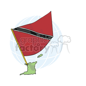 The image depicts a stylized illustration of the flag of Trinidad and Tobago mounted on a pole and positioned over an outline of the islands of Trinidad and Tobago, which is set against a backdrop featuring a partial globe grid. The flag is red with a diagonal black stripe bordered by a thinner white stripe.