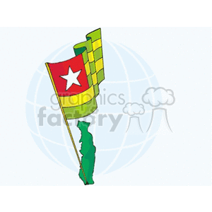 The clipart image features a stylized depiction of the national flag of Togo, presented on a flagpole. The flag has five horizontal stripes alternating green and yellow, with a red square in the upper left corner bearing a white star. Behind the flag, there is what appears to be a simplified globe graphic, emphasizing an international context. Accompanying the flag is a stylized green outline of the country of Togo.