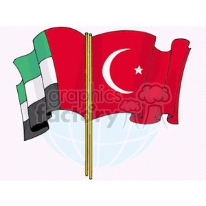 The image is a digital illustration featuring two international flags. On the left is the flag of the United Arab Emirates, which has horizontal bands of green, white, and black, with a vertical red band at the hoist side. On the right is the flag of Turkey, which is red with a white star and crescent.