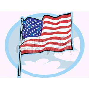 The image depicts a stylized illustration of the United States flag, also known as the American flag, with its characteristic stripes and stars. It is displayed against a light blue circular background with cloud-like shapes, giving the impression that the flag is waving in the sky.
