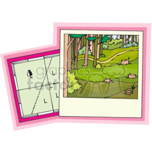 The image shows two stylized representations: on the left, there is a simplified map with a grid and a single tree icon indicating a point of interest or a landmark; on the right, there's an illustration of a forest scene with multiple trees, some shrubs, and stumps on a grassy terrain, possibly representing the area marked on the map.