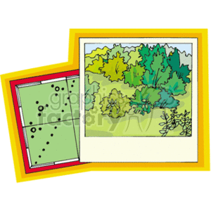 This clipart image features a colorful illustration of a green bush or shrubbery with various shades of leaves, and a smaller section showing a simplified top-down map with dots representing trees or bushes. The map appears to be a schematic representation of the bush area, suggesting a relationship between map reading and the real world.