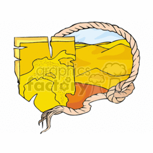 The clipart image depicts a stylized representation of maps or map pieces showing desert terrain with sand dunes and a clear blue sky in the background. These map pieces are bound together by a rope, giving them a sense of being travel maps or perhaps different sections of a larger geographical area.