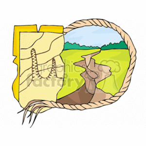 The clipart image shows a map with contour lines, indicating it's a topographical map, often used for navigating mountainous terrain. Beside the map is a circular vignette depicting a scene with mountains, a ravine or canyon, and a cliff edge. The overall theme relates to outdoor exploration and geographical features.