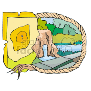 The clipart image features a stylized representation of a geographic area within a circular frame resembling a coiled rope. Inside the frame, there are multiple elements depicting a landscape: a map in the background with a distinctive key symbol, suggesting it could be a treasure map or a location of interest; a body of water, which seems to be a stream or small river; a waterfall cascading into a basin; green foliage indicating a forested area; and a pathway or road leading toward the waterfall. The overall scene gives an impression of a natural and perhaps even adventurous setting.