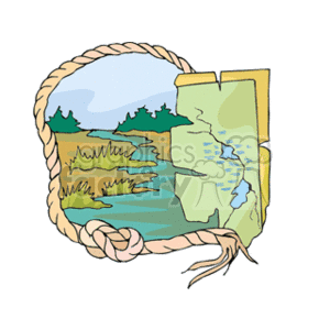 The clipart image features a stylized representation of a map enclosed within a twisted rope border. The map displays landmasses, water bodies that resemble rivers, and areas that might represent greenery or vegetation. There are no specific defining features that would allow for the identification of real locations on this map; it's a generic illustration.