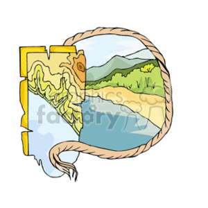 This clipart image depicts an illustrated map with a coastal landscape. You can see a topographical representation with varying elevations, a body of water (possibly the ocean), and a beach or shoreline. The map appears to be within a circular border resembling a nautical or explorer's map, suggesting themes of adventure and travel. A piece of a rope, which serves to accentuate the nautical theme, is also visible.