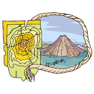 The clipart image features a stylized representation of a topographic map with contour lines, highlighting the elevation profile of a volcano, alongside an oval-framed depiction of a volcanic landscape, which includes the volcano, waterbody, sky, and some fencing.