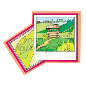 In the clipart image, there is a stack of two illustrated maps. The top map depicts a rural landscape with a water well, some trees, and a path or road. The background includes hills or mountains, and a small portion of a blue sky. The second map underneath is only partially visible, displaying yellow and green areas, which could be interpreted as land and perhaps vegetation, without specific details.