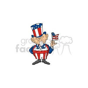 The image depicts a representation of Uncle Sam, a national personification of the United States. He is wearing a patriotic outfit with the American flag design, consisting of a blue suit with white stars and red and white stripes. Uncle Sam is sporting a top hat with the same pattern and is holding a small American flag in his hand. The image conveys themes of American patriotism and may be associated with events like Memorial Day, Election Day, President's Day, and international relations.
