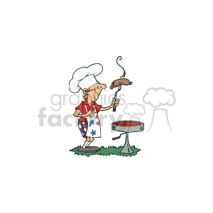 This clipart image depicts a cartoon chef grilling hotdogs on a barbecue. The chef is wearing a chef's hat, an apron with star patterns, and pants adorned with stripes, suggesting an American patriotic theme. There is a grill filled with hotdogs and one hotdog being held with tongs above the grill. The setting is indicative of popular American holidays such as Labor Day or Father's Day where grilling and cookouts are common activities.