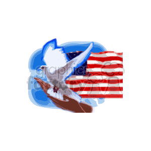 This clipart image features a white dove in flight with an American flag in the background. The dove appears to be superimposed over the flag, giving an impression of peace and patriotism. The image evokes themes appropriate for American holidays such as Labor Day, Memorial Day, and other patriotic occasions, representing both peace and national pride.
