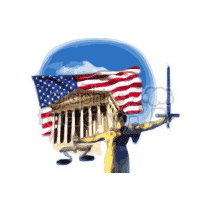 The clipart image depicts a patriotic theme with an American flag waving in the background. In the foreground, there's a classical Greco-Roman style building, reminiscent of US government structures, such as the Supreme Court or the many memorials in Washington D.C. The arm of a statue is prominently featured holding a sword upright, hinting at themes of justice or military defense.