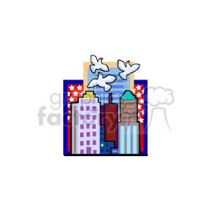 The clipart image features an urban skyline with various stylized buildings and skyscrapers. Above the cityscape, three white doves are in flight against a backdrop of the American flag, with stars on the left and stripes on the right. The overall theme of the image suggests a patriotic celebration or remembrance, likely associated with Memorial Day in the United States, symbolizing peace and patriotism.