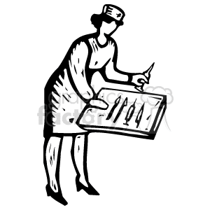 The clipart image depicts a stylized representation of a nurse. The nurse is holding a large tray or clipboard with several oversized needles or syringes on it. The nurse is wearing a traditional nursing uniform with a cap.