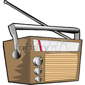 The image features a vintage-style portable radio with a prominent antenna, tuning dial and volume knobs.