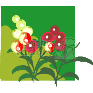 The image shows a stylized illustration of two groups of flowers with leaves. On the left, there is a cluster of light green and white flowers, and on the right, there is a cluster of red and burgundy flowers with visible yellowish centers, possibly representing the pistils or stamens. All the flowers appear to be connected to green stems with green leaves. The background is divided diagonally, with a lighter green in the upper right corner and a darker green in the lower left corner.