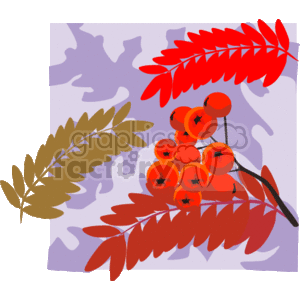 The clipart image features a collection of stylized plant elements, including:
- Red leaves resembling those of a fern or similar plant.
- A branch with red berries clustered together.
- Various shades of leaves possibly imitating autumn colors.