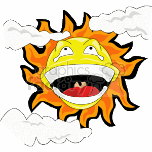 The clipart image shows a stylized sun with a human-like face, featuring a large, open-mouthed laugh. The sun is predominantly yellow with orange and red flame-like rays extending outward. There are also white clouds in the foreground, partially framing the sun on both sides.