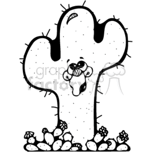 The clipart image is a black and white illustration of a large Saguaro cactus with a country-style aesthetic. Around the base of the cactus, there are smaller plants or rocks scattered about, typical of a desert scene. The Saguaro cactus has multiple arms and prickly spines covering its surface.