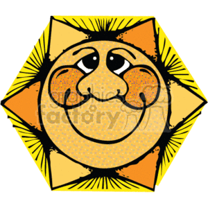 The clipart image features a stylized anthropomorphic sun with a face expressing happiness. It has a country style, with the sun's rays extending out in a somewhat rough, hand-drawn fashion, adding to the quaint and rustic feel of the image. The colors are typical of a sunny theme, with warm yellows and oranges.