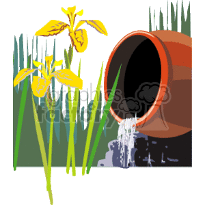 The clipart image features yellow flowers, presumably irises, with green foliage in the background. There is a clay pot tipped over on its side with water pouring out onto the ground below.