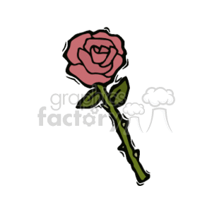 This clipart image features a single stemmed rose with leaves. The rose appears to be in bloom with its petals distinctly outlined and colored in a pinkish hue, while the stem and leaves are green.