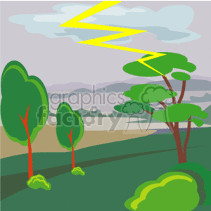 The clipart image depicts a forest during a storm. There are several trees with green foliage in the foreground, and a gray sky above indicating stormy weather. Bright yellow lightning bolts are striking down from the clouds, adding a sense of danger or intensity to the scene. The background includes layers of hills or mountains, contributing to the depiction of a natural landscape during a thunderstorm.