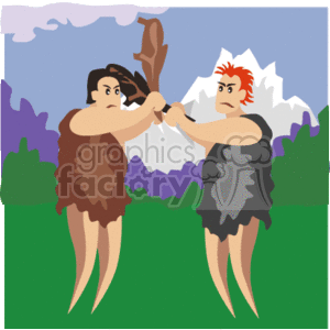 The image is a cartoon or clipart-style depiction of two cavemen engaged in a conflict or disagreement. One caveman has dark hair and is wearing a brown animal-skin garment, while the other has red hair and is wearing a gray animal-skin garment. They are standing on a grass field with a clouded sky and mountains in the background. Both appear to be in a confrontational pose, with one of them holding a club in his hand.