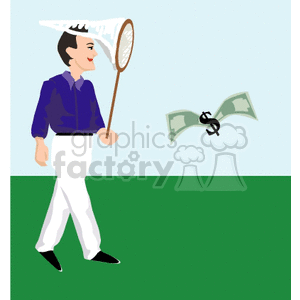 Man with a net catching a money butterfly