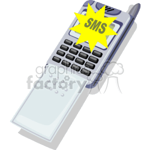 The clipart image shows a flip-style cell phone with a prominent key layout and an antenna. The screen of the phone is displaying the acronym SMS, which stands for Short Message Service, commonly known as text messaging. The image gives a retro look, depicting an older model of cell phones before the advent of modern smartphones.