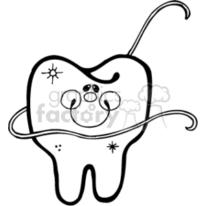 The image is a simple black and white line drawing of a stylized tooth. It features a cartoon-like tooth with a happy face, sparkles, and a string of dental floss wrapped around it, suggesting the concept of dental hygiene and care.