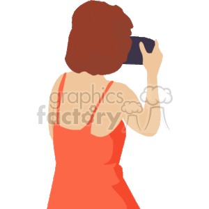 The clipart image depicts a woman in a red dress from the back, holding up a camera to her face as if she is taking a photo.