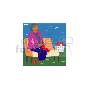 The clipart image shows an African American grandmother sitting on a bench, knitting with red yarn. She is wearing glasses and has her hair styled in a bun. She's dressed in purple and pink clothing, and there's a serene outdoor setting behind her with green grass, a white house in the distance, and a blue sky with a few clouds.