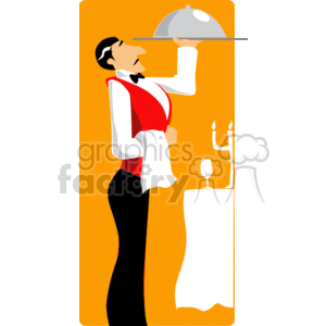 The clipart image contains a stylized illustration of a waiter in formal attire holding a serving tray with a covered dish above his shoulder. The waiter is wearing a black and white uniform with a red waistcoat/vest. In the background, there is a small table with a white tablecloth, a lit candlestick, and an empty wine glass, suggesting a fine dining environment.