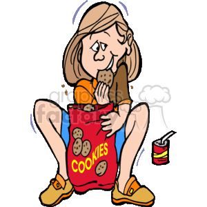 The clipart image depicts a cartoon girl sitting with her legs crossed, eating cookies from a large red bag marked COOKIES. Crumbs are falling as she enjoys munching on a cookie, and there is a small open can to the side of the image, possibly implying she had a drink with her snacks.