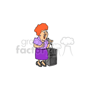 This clipart image depicts a lady with orange hair singing into a microphone. She appears to be enjoying herself, suggesting she may be engaging in karaoke or performing at a party. She is wearing a purple dress and black shoes, and there is a large black speaker beside her.