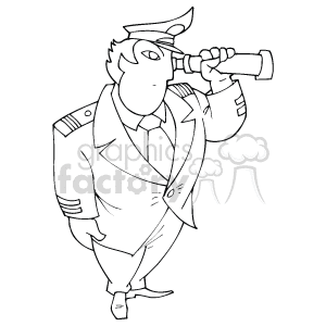 The image is a line drawing or clipart of a person dressed as a sailor or naval officer, looking through a handheld telescope. The individual is depicted in a formal uniform with what appears to be rank insignia on the shoulders, suggesting a position of command. The sailor is standing and gazing through the telescope with a focused expression.
