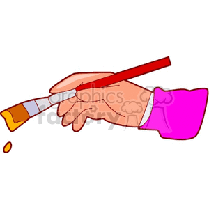 A Hand Holding a Red Paint Brush with Yellow Paint on it
