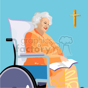 The image depicts a senior woman in a wheelchair, smiling as she reads a book. Behind her on the wall is a cross, indicating a religious or Christian context, which can suggest she may be engaged in reading religious material or a bible. Her content expression implies a sense of peace or happiness, possibly connected to her faith.