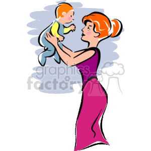 The clipart image depicts a stylized illustration of a woman holding a small baby. The woman has short orange hair and is wearing a pink dress, while the baby is clad in a yellow and blue outfit. The background is abstract with a blue patch that might suggest a sense of movement or an emotional backdrop.