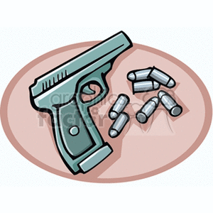 The image is a clipart featuring a semi-automatic pistol and several loose bullets. The pistol is depicted in a stylized manner common to clipart, and the bullets appear to be metal with the typical design of cartridge ammunition.
