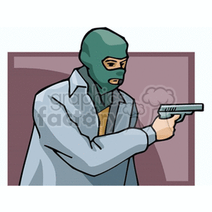 The clipart image features a character depicted as a typical criminal or robber. The figure is wearing a balaclava ski mask and a long coat, and is holding a pistol. The character appears to be engaged in some kind of criminal activity, suggested by the mask and the firearm.