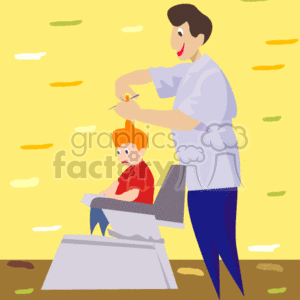 This clipart image features a barber giving a haircut to a young boy. The barber, presumably male, stands to the right, dressed in a short-sleeved shirt and trousers, holding scissors as he trims the boy's hair. The boy sits in a salon chair, wearing a red shirt and looking a little apprehensive. The background is simple, with a yellow wall and abstract lines, indicating an interior setting likely to be a barbershop.