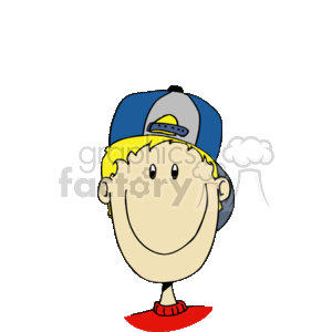 The clipart image features a stylized drawing of a happy boy. The boy has blond hair and is wearing a blue hat with a yellow brim, and a red shirt is just visible at the very bottom. He has a wide, friendly smile.