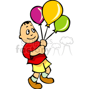 The clipart image depicts a child holding a bunch of colorful balloons. The child is dressed in a red t-shirt and yellow shorts, with a content smile on his face. The balloons are pink, yellow, and green, and the child appears to be standing in a neutral pose.