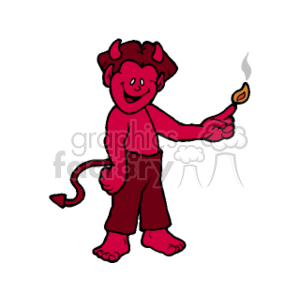 The image depicts a stylized representation of a child dressed as a little devil. The child is smiling and holding what appears to be a lit match or small torch. Notable features include red skin, a pointed tail, devilish horns, and red clothing. The child's expression is happy and mischievous. 